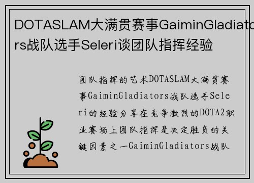 DOTASLAM大满贯赛事GaiminGladiators战队选手Seleri谈团队指挥经验