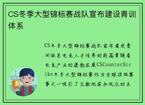 CS冬季大型锦标赛战队宣布建设青训体系